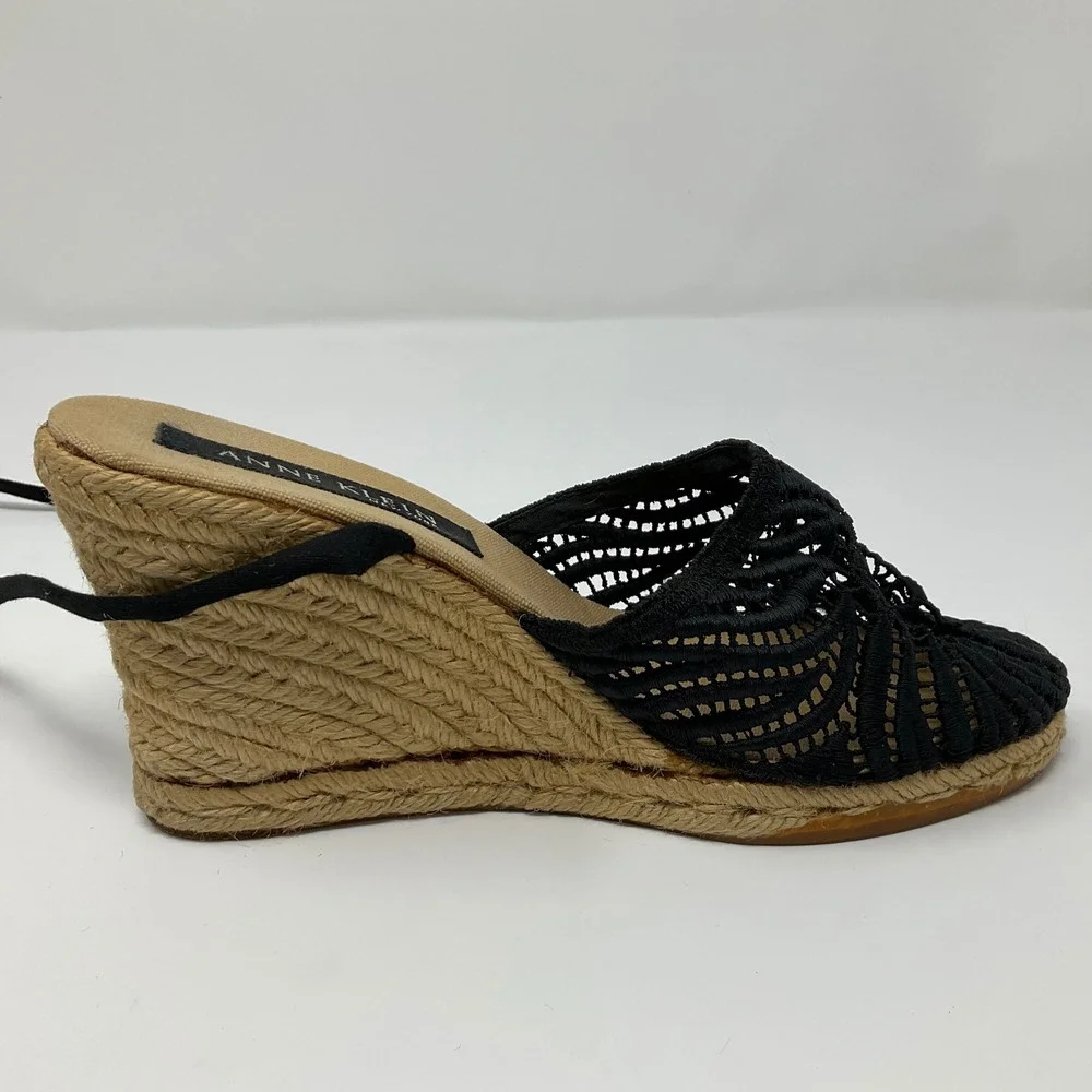 Anne Klein Espadrille Wedge Sandals Black Lace Up Ankle Wrap 38 7.5 Boho Classic